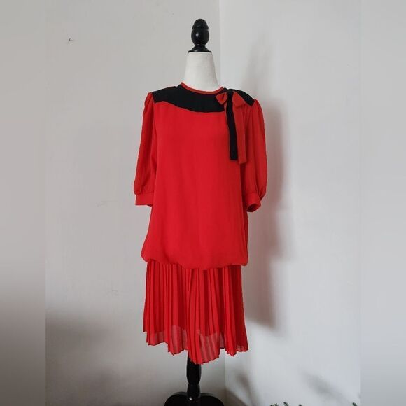 Joseph Ribkoff Dresses & Skirts - Red & Black 80s Vintage Joseph Ribkoft  Pleated Puff Sleeve Drop Waist Dress